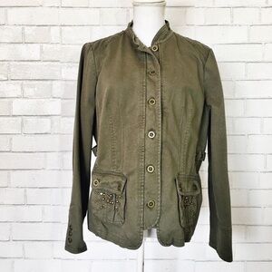 Motto Olive Green 100% Cotton Embellished Gold Beaded Jacket Coat